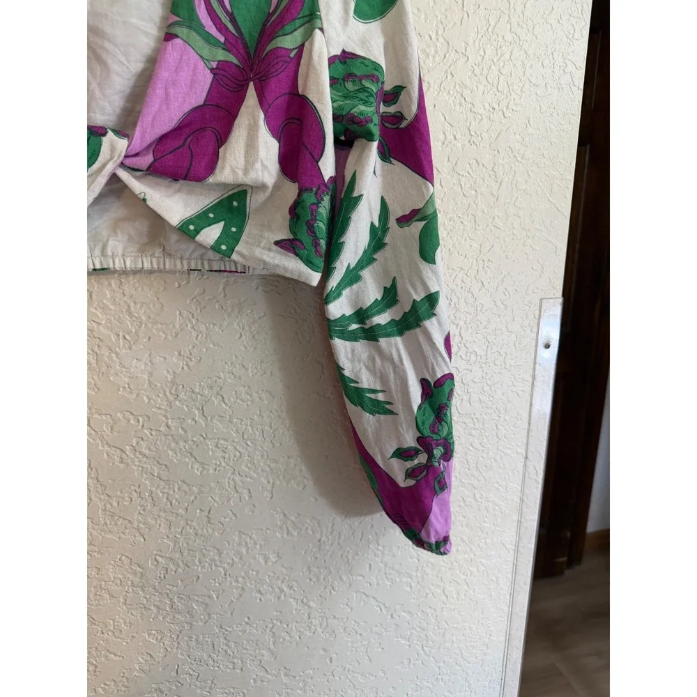 Caroline Constas Tropical Crop Top M Purple Green Floral Linen Blend Deep V-Neck
